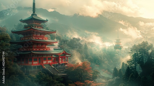 Traditional Japanese pagodas with intricate roof designs, set against a backdrop of mountains and trees, emphasizing architectural elegance.