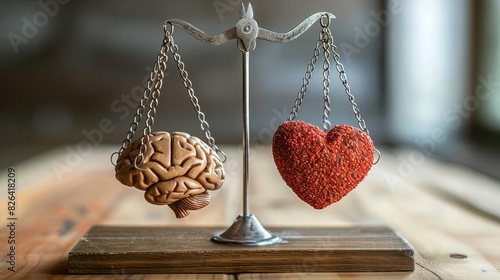 Shot of a balance scale weighing a heart and a brain, symbolizing the balance between emotion and logic.