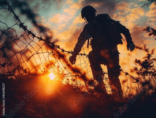 Silhouette of soldier climbing barbed wire fence at sunset with dramatic sky. Military training exercise or war scene.