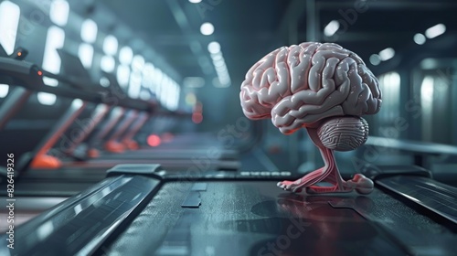 Human brain 3D character running on a treadmill