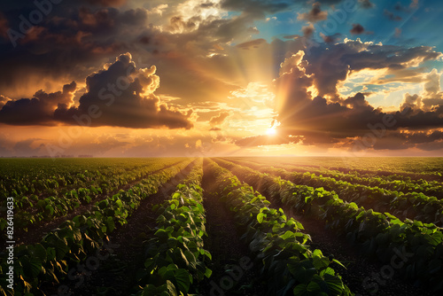 Paisagem de uma plantação de soja ao entardecer, sob um céu carregado por nuvens intensas de chuva