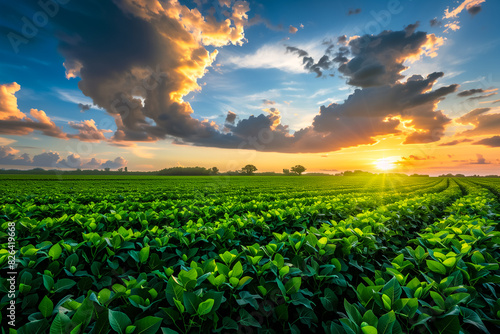 Paisagem de uma vasta plantação de soja ao entardecer, sob um céu com nuvens 