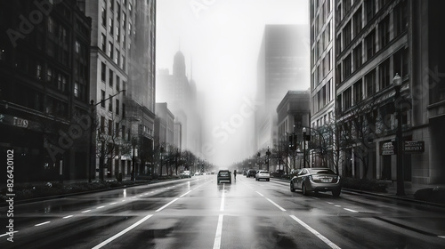 A mystic urban scene featuring a fog-enshrouded street with cars and towering buildings, creating a moody ambiance