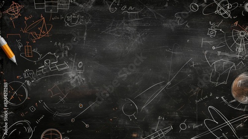 School board with chalk drawing math and chemical formulas, AI generated