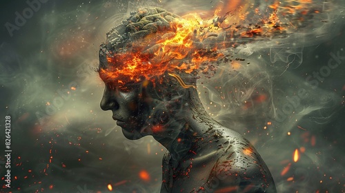 Burn out concept with male head and brain exploding