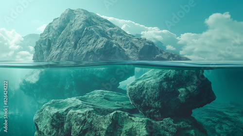 Double exposure underwater rocky and mountain. Landscapes photography.