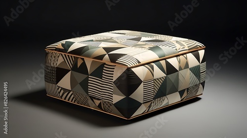 A modern, geometric-patterned ottoman with a storage compartment