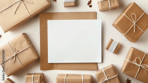Top view of a blank greeting card mockup with a brown envelope, surrounded by various wrapped gifts and anise stars on a beige background.