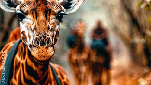  A close-up of a giraffe's face with people in the background