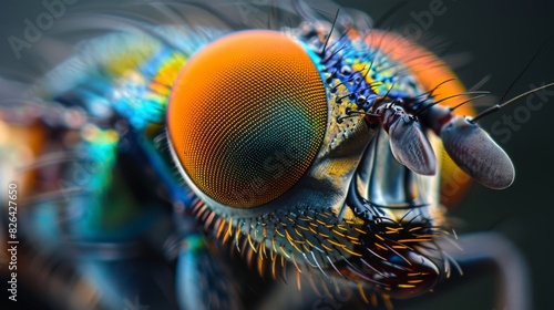 A macro shot of the eye of a fly, with the compound eyes reflecting a myriad of colors and patterns. This image captures the concept of a microscopic universe, highlighting the immense detail in the