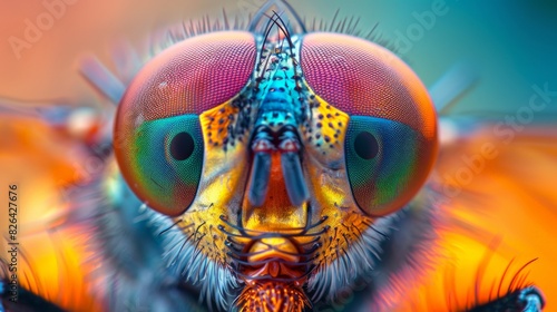A macro shot of the eye of a fly, with the compound eyes reflecting a myriad of colors and patterns. This image captures the concept of a microscopic universe, highlighting the immense detail in the