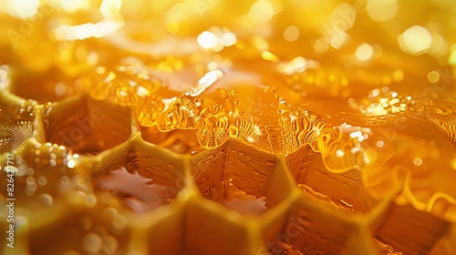 An extreme close-up of a drop of honey on a honeycomb, with the hexagonal patterns and the viscous liquid illustrating vastness in tiny shapes. The image turns a simple act of nature into a grand