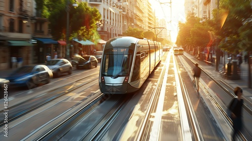 City life with a modern tram. The tram is in focus and there is motion blur on the background.