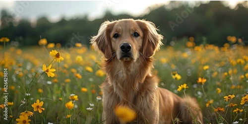Adorable dog explores field of flowers with curious eyes and floppy ears. Concept Pets, Nature, Happiness