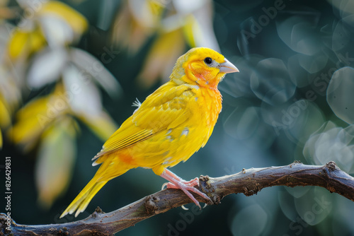Enchanting Yellow Canary Perched on a Slender Branch, Radiating Joy and Charm with Its Vibrant Plumage in a Serene Natural Outdoor Habitat