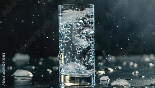 A tall glass of sparkling water, bubbles effervescing upwards like miniature constellations.