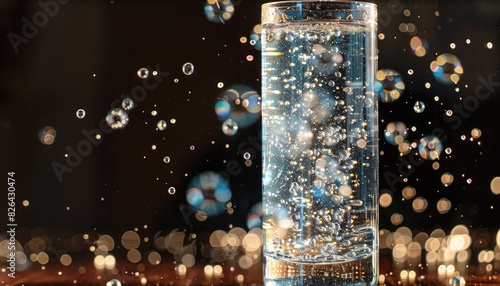 A tall glass of sparkling water, bubbles effervescing upwards like miniature constellations.