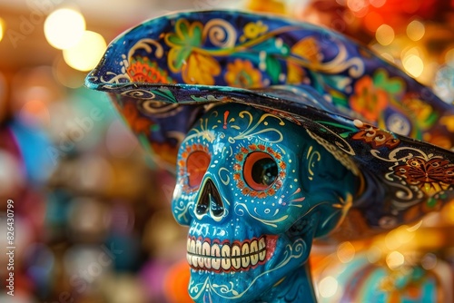 Vibrant handpainted sugar skull wearing a patterned mexican sombrero, symbolizing dia de los muertos