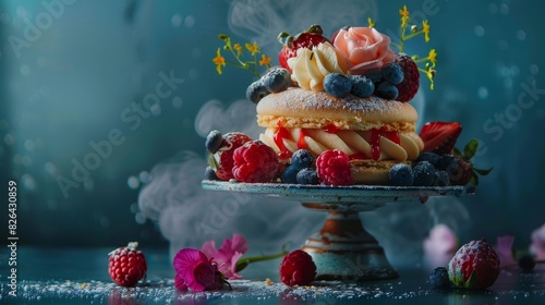 Two-tiered cake decorated with powdered sugar, piped icing, and fresh berries, including strawberries, raspberries, and blueberries