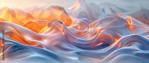 Abstract 3D Background. Fluid ribbon-like shapes undulate in a tranquil 3D environment, their surfaces reflecting a soft ambient glow.