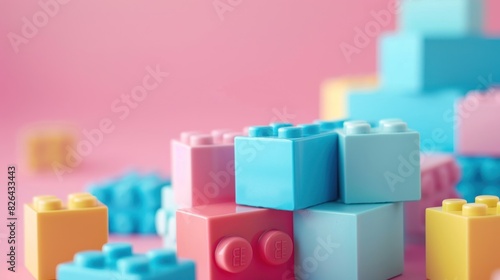 Top view many plastic toy blocks in different pastel colors on pink background. Generated AI