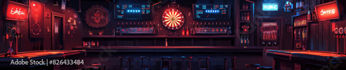 Warm and inviting pub interior featuring dartboards, wooden bar and ambient lighting perfect for social gatherings and relaxation. Generative ai vector illustration. Pop art comic book style imitation