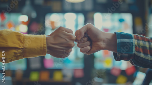 Two people doing a fist bump in a casual setting with a blurred background Represents friendship or agreement