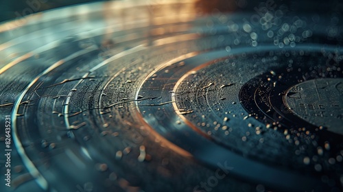 A close-up of a scratched vinyl record, with the grooves and scratches creating an abstract pattern. The photograph captures sleek damage, where the imperfections add a layer of visual interest to