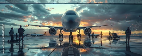 Passengers Boarding a Large Commercial Jet at an International Airport Terminal During Dramatic Sunset