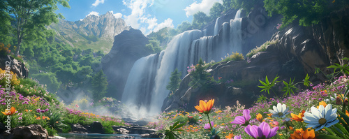 Idyllic landscape with waterfall surrounded by spring blossom in the mountains, wild flowers, generated ai