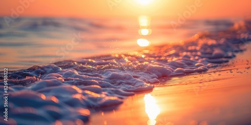 A serene ocean sunset with bokeh waves gently lapping against the shore.