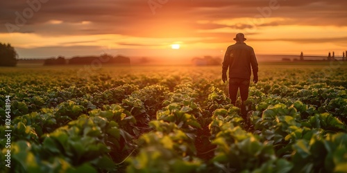 At sunset a farmer inspects a sugar beet field for weeds. Concept Farming, Sunset, Sugar Beet Field, Weed Inspection