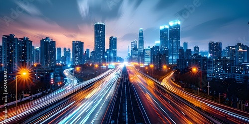 Nighttime city lights streaking during rush hour. Concept Nighttime, City lights, Rush hour, Streaking, Urban landscape,