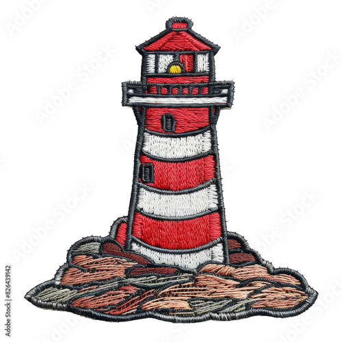 Red and white striped lighthouse embroidery patch on transparent background