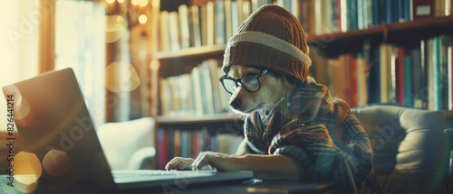 Beagle wearing glasses and a cap working on a laptop, selective focus, study session theme, ethereal, manipulation, library backdrop