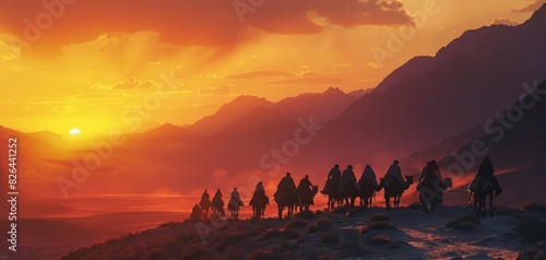 Caravan of nomads at sunset, selective focus, journey theme, surreal, overlay, mountain backdrop