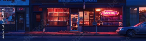 Exterior of a classic CD rental store with neon signage, street view at dusk, inviting storefront, great for retro business promotions and nostalgic cityscape themes, urban background.