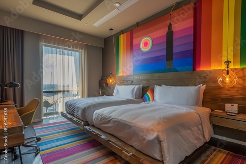 Inclusive accommodations: Design an image of luxurious inclusive accommodations, showcasing welcoming hotels and resorts with rainbow decor, diverse guests, and amenities that cater to all identities