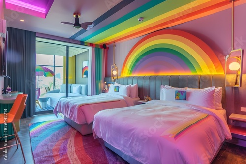 Inclusive accommodations: Design an image of luxurious inclusive accommodations, showcasing welcoming hotels and resorts with rainbow decor, diverse guests, and amenities that cater to all identities