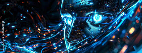 Captivating glow of an AI robot, its inner neon blue light emanating an ethereal presence against a dark backdrop, hinting at the technological wonder within.