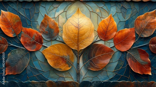An abstract design combining natural leaves with geometric patterns, where the leaves' veins form intricate, visually appealing patterns against a muted backdrop, highlighting natureâ€™s symmetry.
