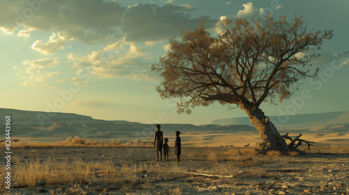 Drought in Africa. A poor starving family of three stands in front of a tree in the desert