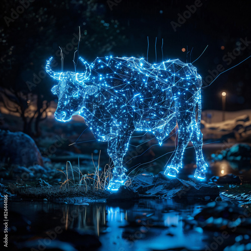 A blue glow ox in a nightscape with bold outline