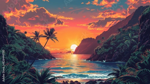 A stylized representation of Hawaii's tropical islands, with bold colors and clean lines highlighting the natural beauty and diversity of the landscape.