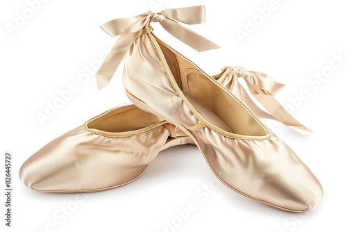 A pair of elegant ballet slippers, worn by a dancer in mid-pirouette, isolated on pure white background.