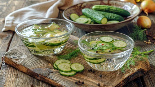  A few bowls of cucumbers surround a single bowl containing onions and cucumbers