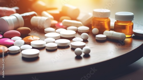 A lot of different drugs, pills and other medicine on the wooden white table.
