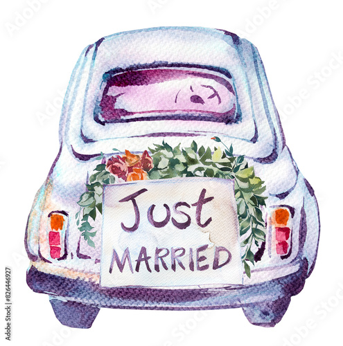 Watercolor hand painted just married car. Wedding concept illustration. Romatic design isolated on white. 