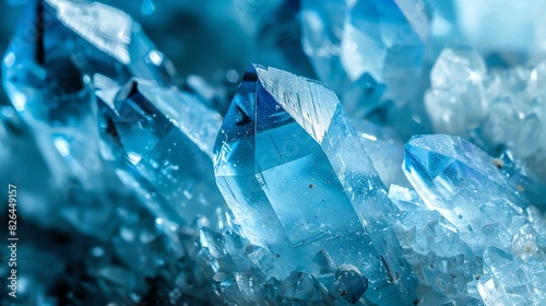Blue glowing rough gemstone crystals, macro mineral background, closeup of blue quartz.