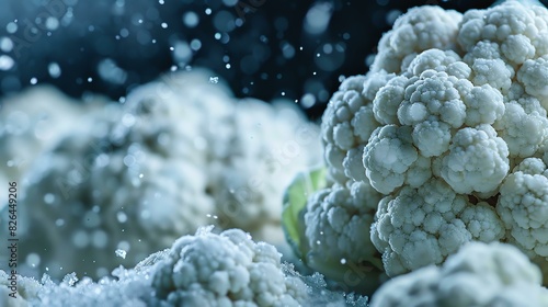 White cauliflower florets up close with water droplets on a dark blue background.